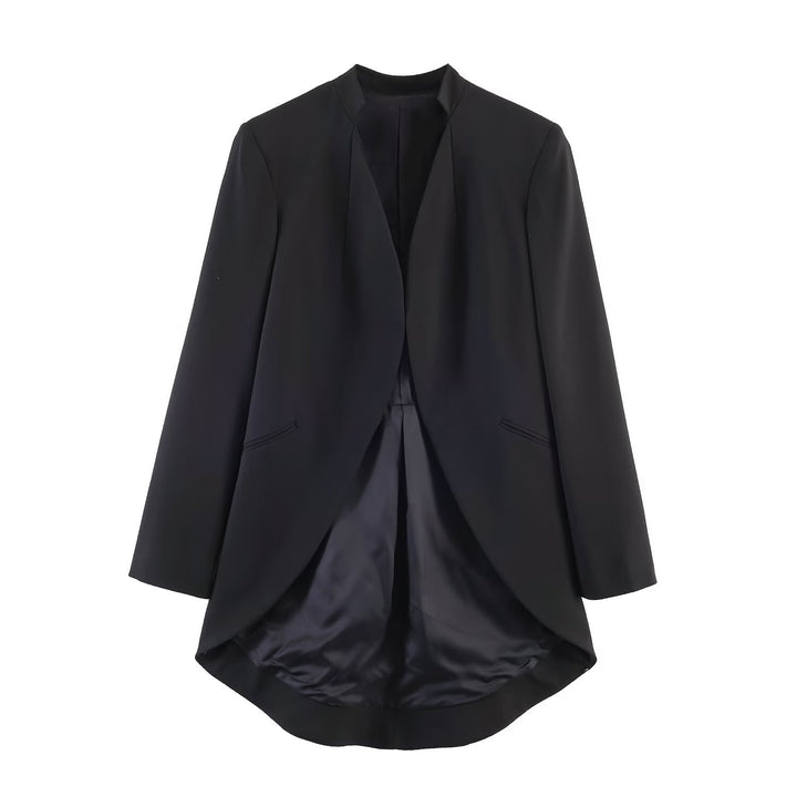 Women Longline Blazer with V-back Hem and Collarless Cut Mune Fashion