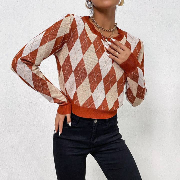 Women's Cropped Knit Sweater with Argyle Diamond Pattern and Fitted Ribbed Hem Mune Fashion