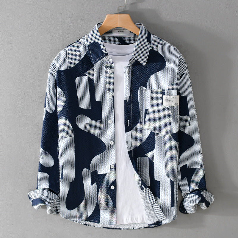 Men's Loose Patterned Cotton Overshirt with Crinkle Structure Mune Fashion