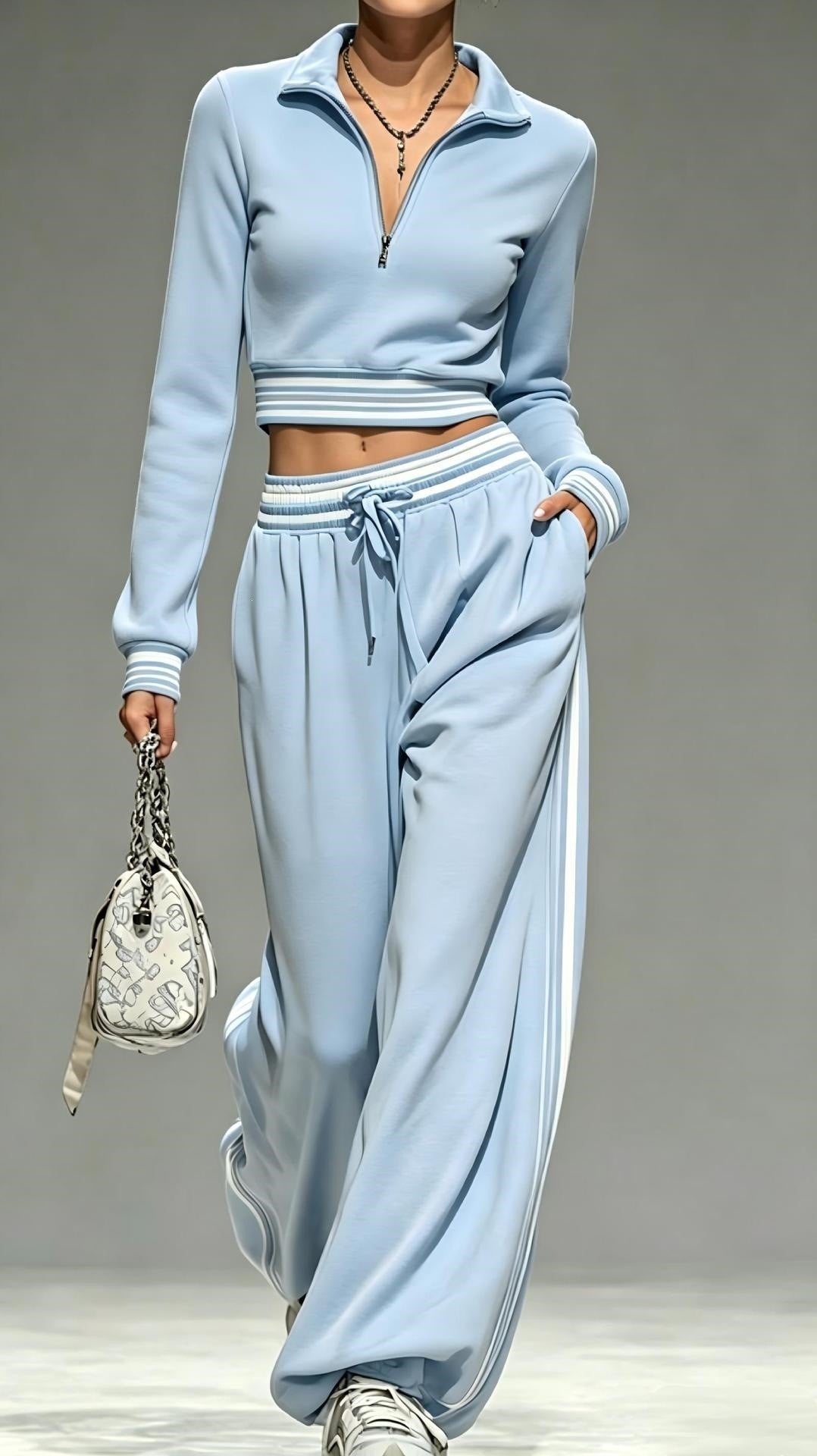 Women Cropped Training Set with Half Zipper Collar and Wide Pleated Jogger Mune Fashion