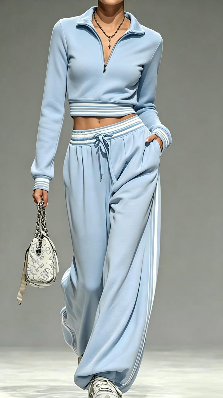 Women Cropped Training Set with Half Zipper Collar and Wide Pleated Jogger Mune Fashion