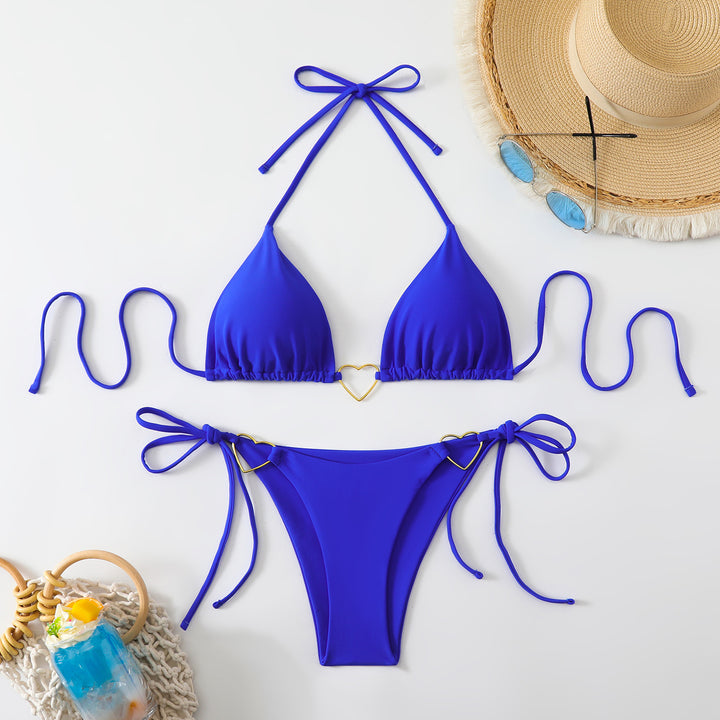 Women's Triangle Bikini Set with Playful Ribbons and Heart Appliqués Mune Fashion