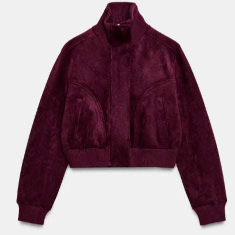 Women's Short Suede Bomber Jacket with High Ribbed Collar, Elastic Hem and Patch Pockets Mune Fashion