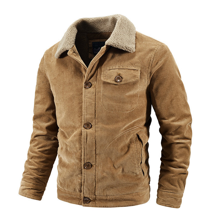 Men's cord trucker jacket with warming Sherpa collar and wooden button front Mune Fashion