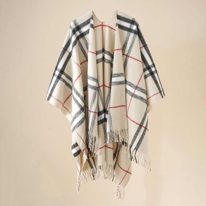 Women's Wool Blend Poncho with Check Pattern and Fringing Mune Fashion