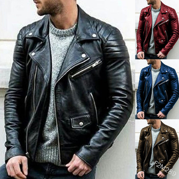 Men's Biker Leather Jacket with Asymmetrical Zipper and Quilted Shoulder Area Mune Fashion