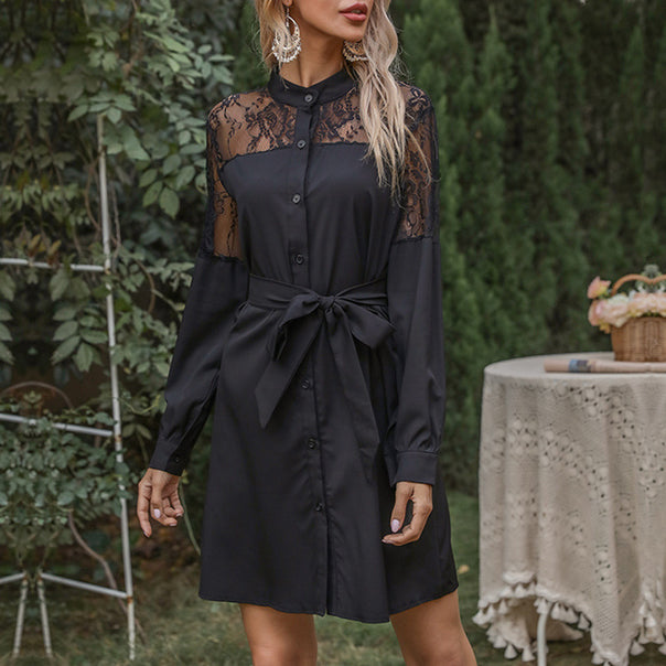 Women's shirt dress with lace yoke, waist belt and A-line cut Mune Fashion