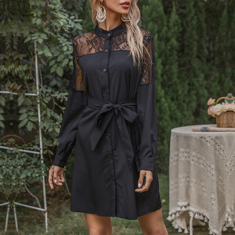 Women's shirt dress with lace yoke, waist belt and A-line cut Mune Fashion