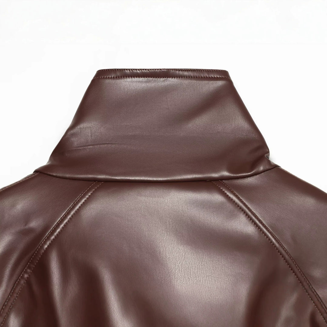 Women's Short Trench Blouson in Leather Look with Waist Belt, High Standing Collar, and Double Button Placket Drune