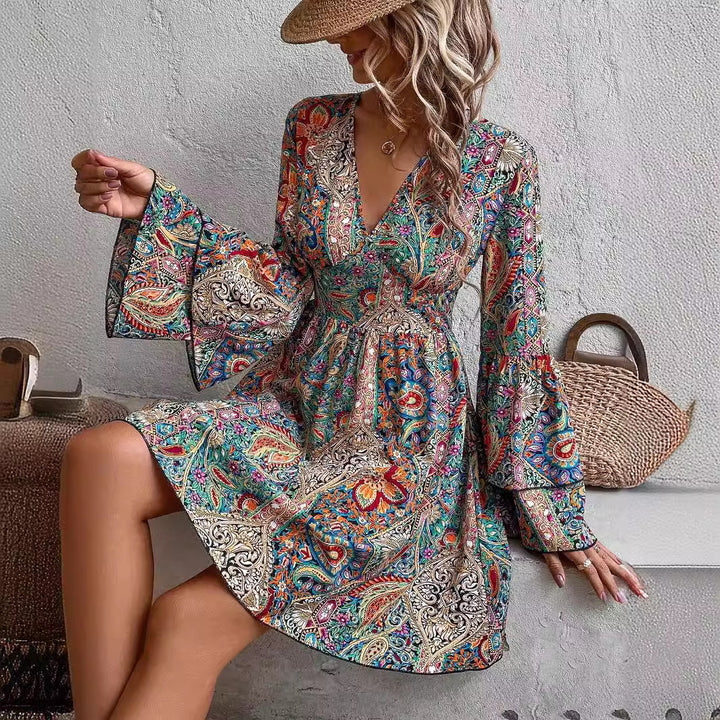 Women nan Boho mini dress with deep V-neck, trumpet sleeves and ruched waist Mune Fashion
