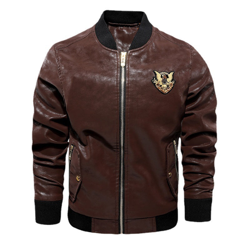 Men's Faux Leather Bomber Jacket in Aviator Style with Emblem Application Mune Fashion