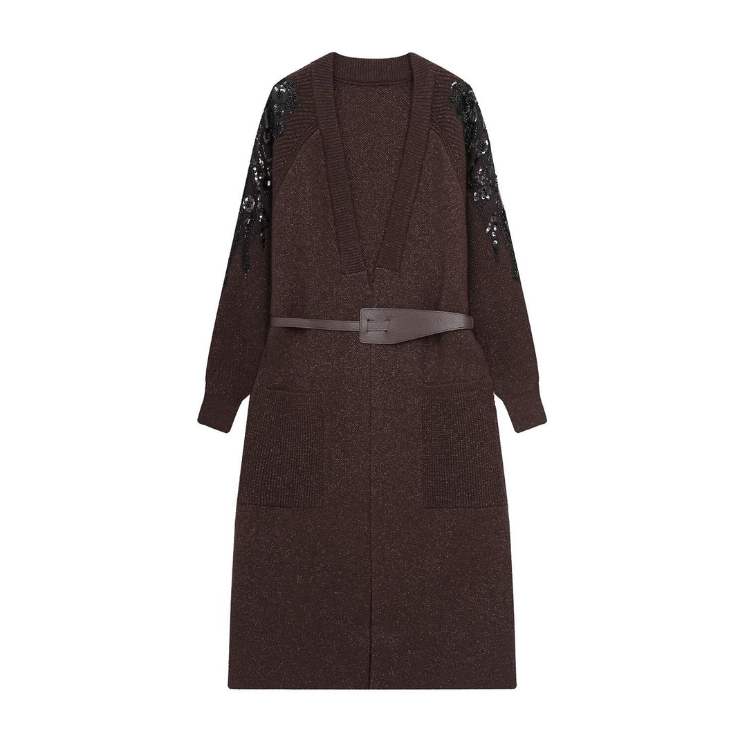 Women's knit midi dress with deep V-neck, waist belt, and sequin-adorned sleeves Mune Fashion