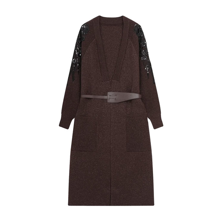 Women's knit midi dress with deep V-neck, waist belt, and sequin-adorned sleeves Mune Fashion