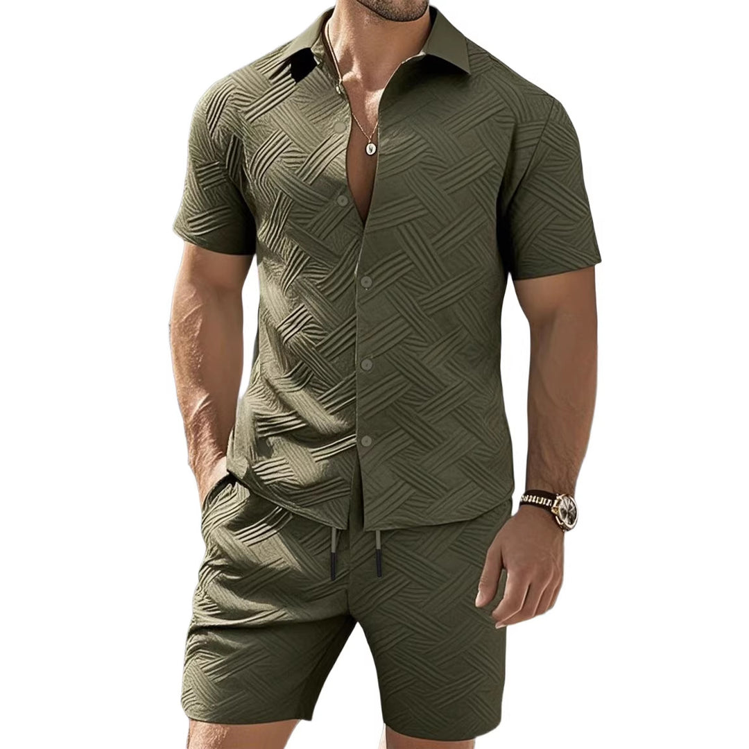 Men's nan geometric embossed short sleeve shirt and Bermuda two-piece set with shirt collar and drawstring Mune Fashion