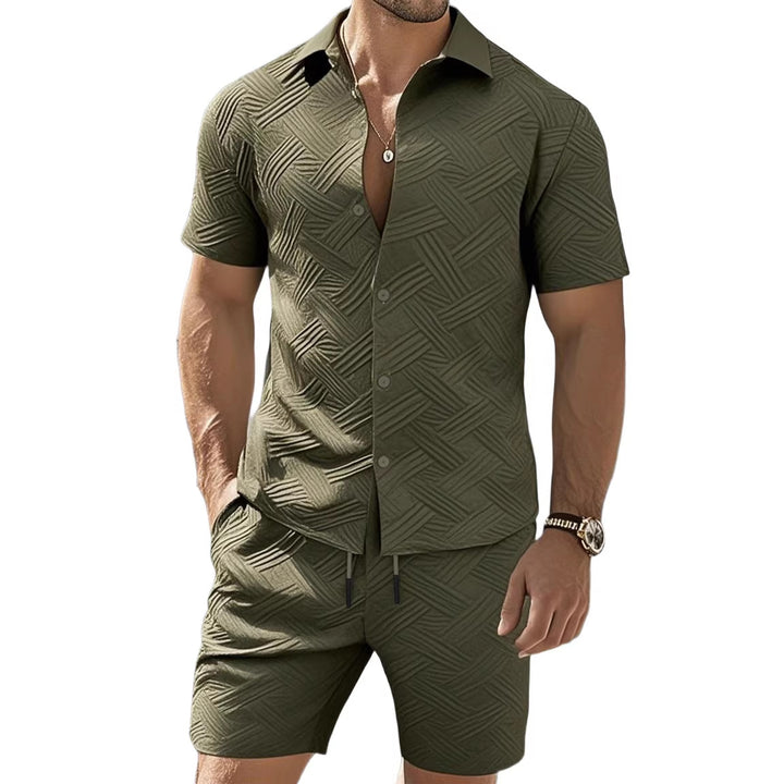 Men's nan geometric embossed short sleeve shirt and Bermuda two-piece set with shirt collar and drawstring Mune Fashion