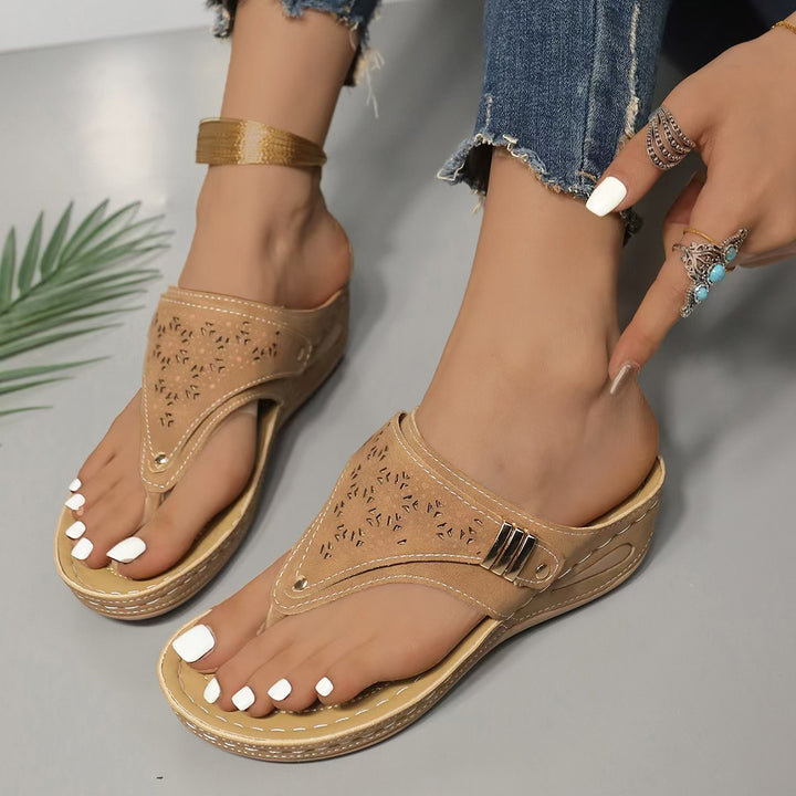 Women's wedge toe-post sandal with perforated upper material and padded comfort footbed Mune Fashion