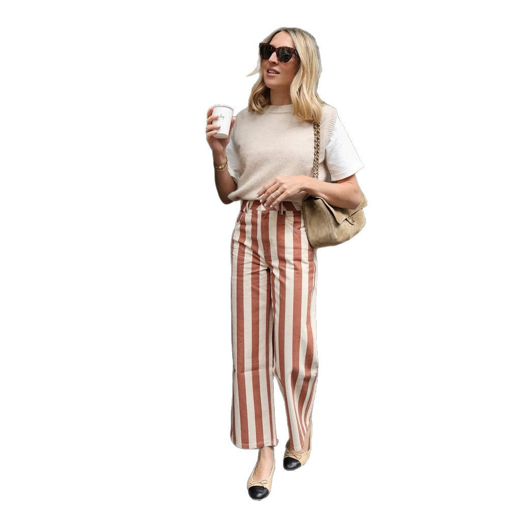 Women's Striped High-Waist Linen Pants with Wide Leg Mune Fashion