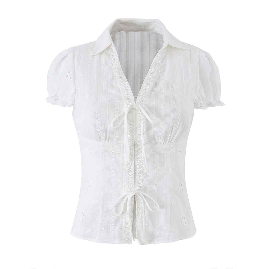 Women Broderie-Anglaise blouse with puff sleeves, waist emphasis and front tie Mune Fashion