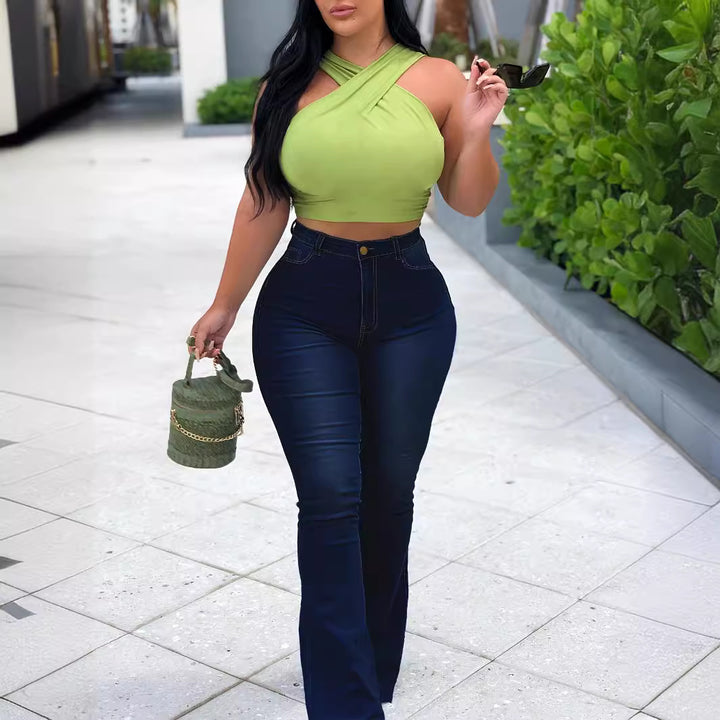 Women’s High-Waist Flared Trousers made of Stretch Denim with a Figure-Hugging Hip Fit Mune Fashion