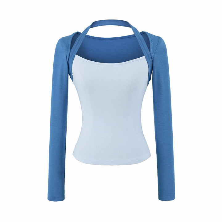 Women Fitted Layering Top with Integrated Bolero Sleeve and Neckholder Detail