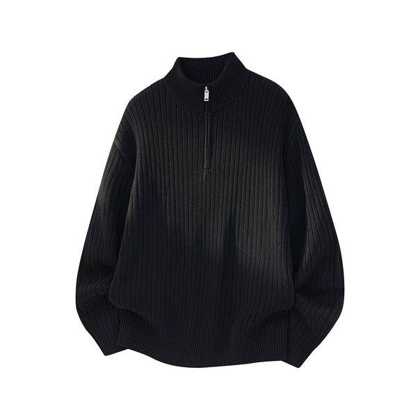 Unisex Wide Cut Ribbed Knit Sweater with Half Zipper and Stand-Up Collar Mune Fashion