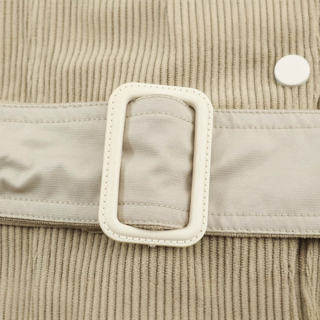 Women's fine cord jacket with waist belt and asymmetrical snap button placket Mune Fashion