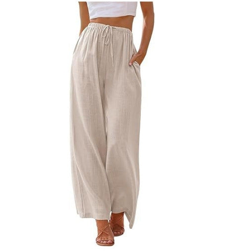 Women's wide linen pants with elastic waistband, drawstring, and side pockets Mune Fashion