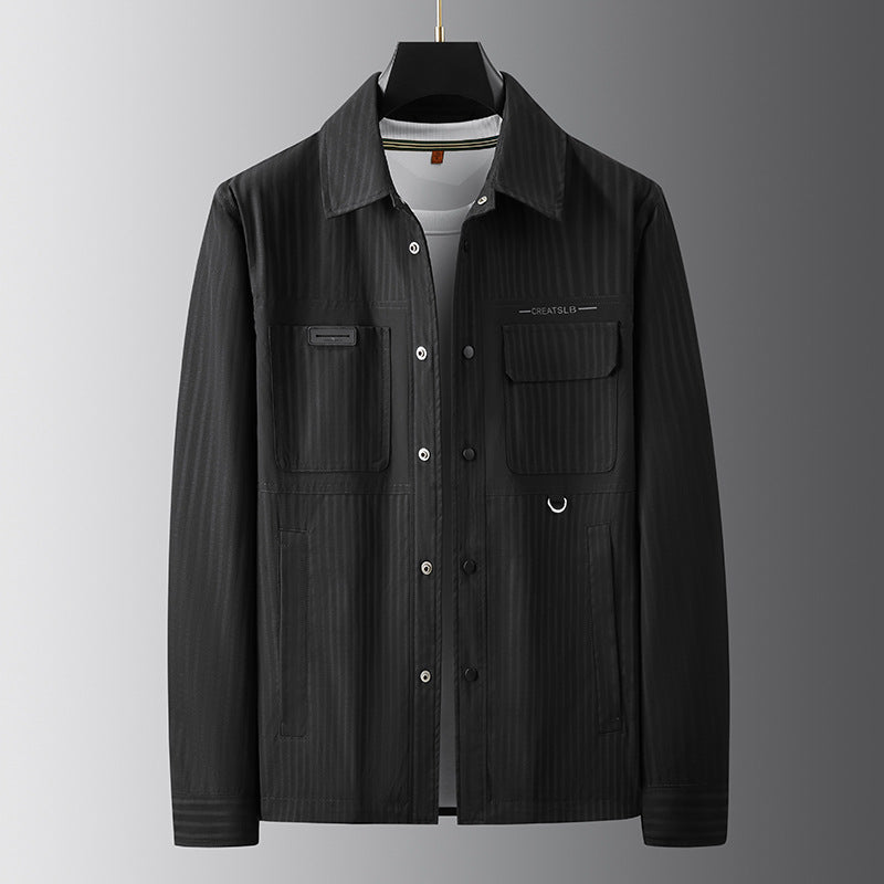 Men's utility overshirt with fine pinstripe texture, chest pockets, and D-ring Mune Fashion