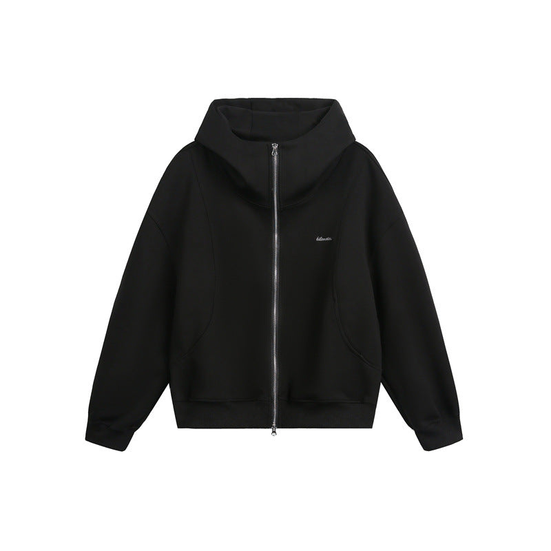 Women Loose Fit Zip Hoodie with High Funnel Neck and Two-Way Function Mune Fashion