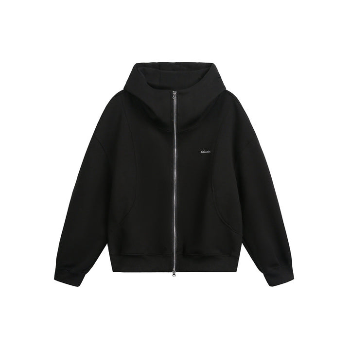 Women Loose Fit Zip Hoodie with High Funnel Neck and Two-Way Function Mune Fashion