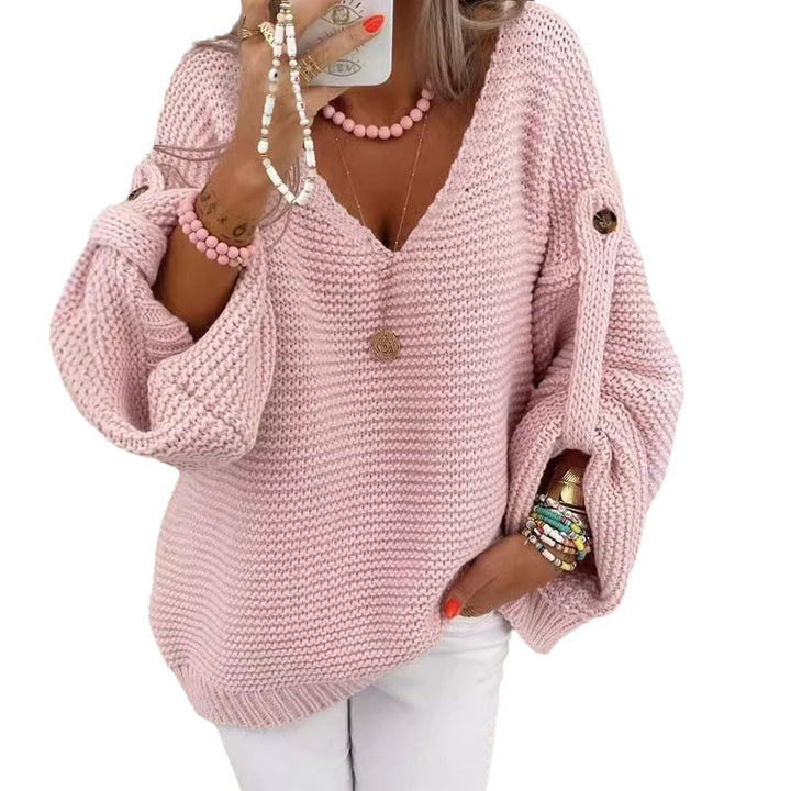 Women loose knit sweater with V-neck, balloon sleeves and button detail Mune Fashion