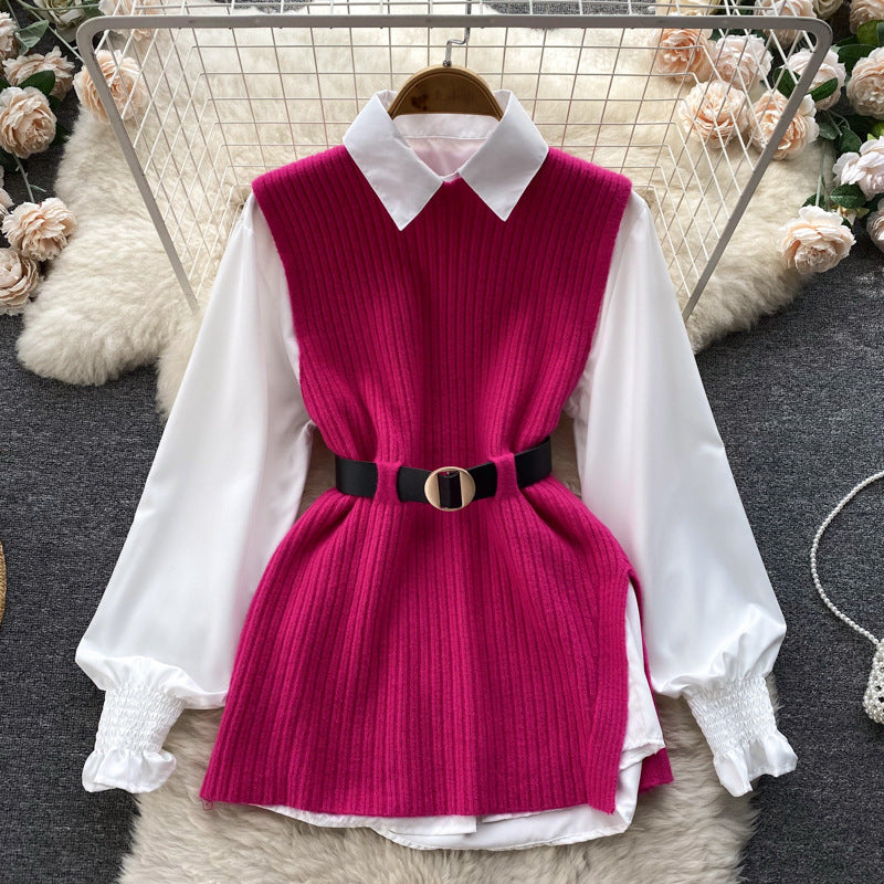 Ladies layering look blouse with ribbed knit overlay and waistbelt Mune Fashion