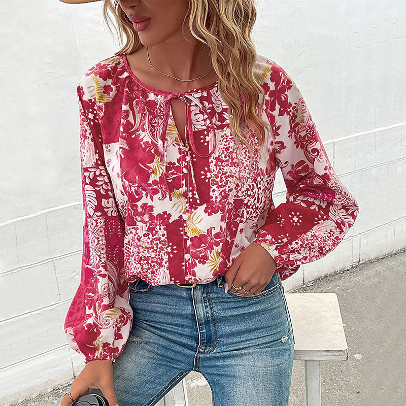 Women's Light Boho Blouse with Patchwork Print, Tied Slit and Balloon Sleeves Mune Fashion