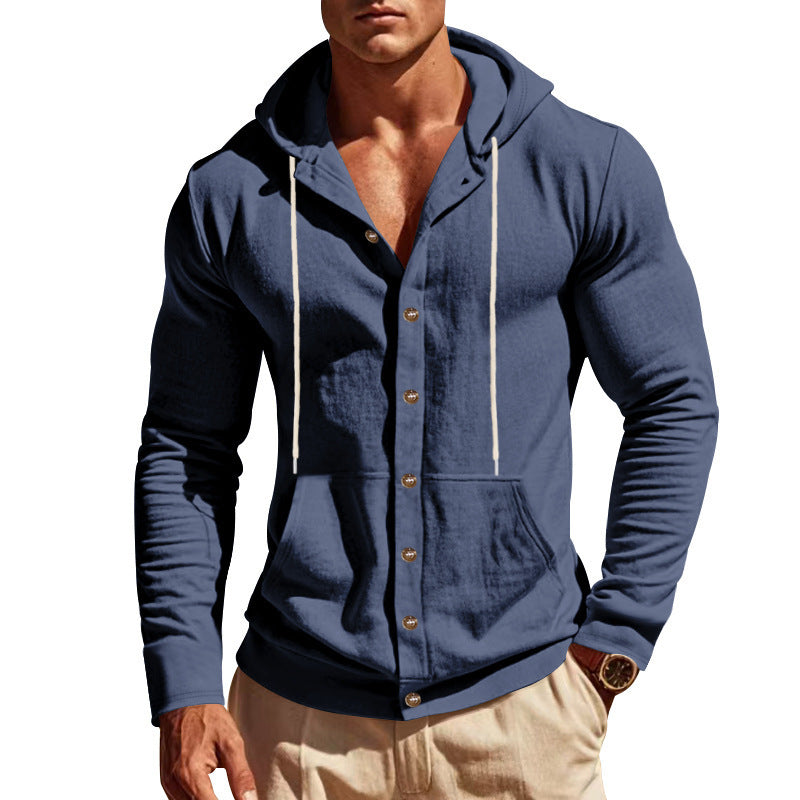 Men's slim-fit hoodie cardigan with full button placket, mounted kangaroo pocket, and lightweight structured knit Mune Fashion
