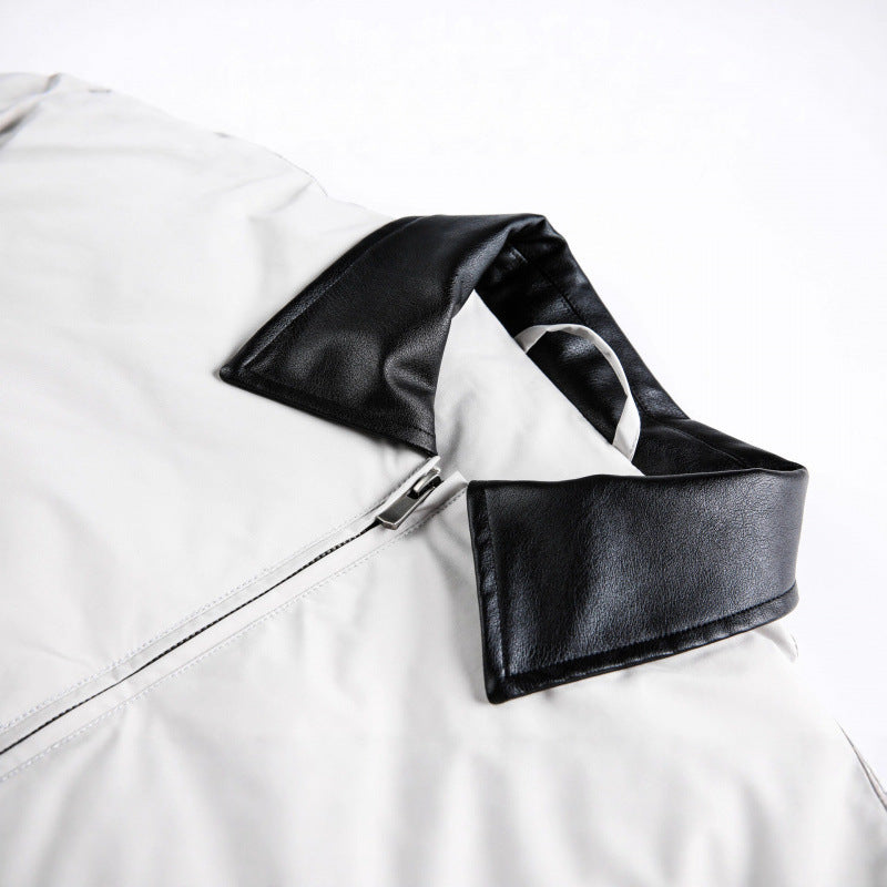Unisex Boxy transitional jacket with contrasting faux leather collar and concealed zipper Mune Fashion