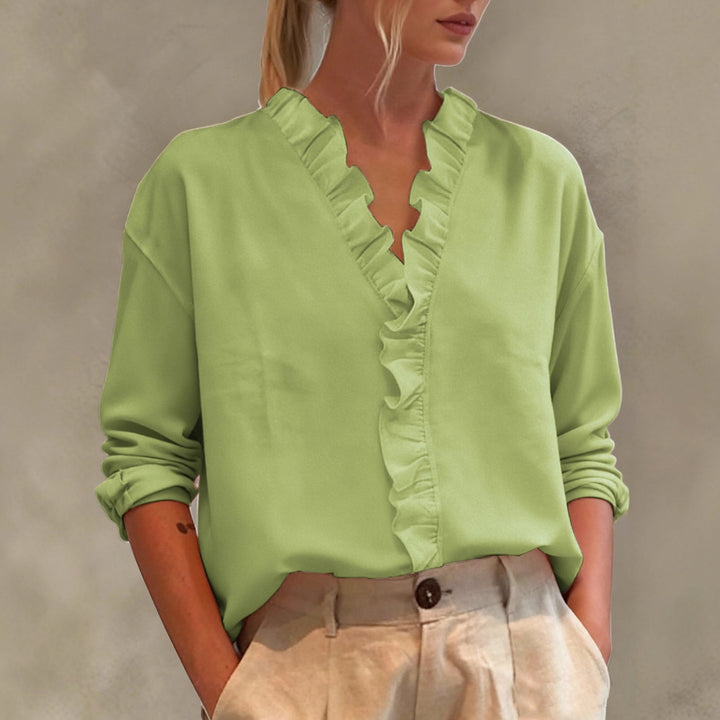 Ladies Elegant V-Neck Blouse with Ruffle Trim and Loose Oversized Cut