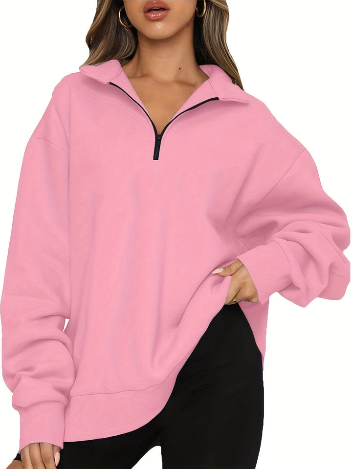 Women nan Oversized Sweatshirt with Short Zip, Stand-up Collar and Kangaroo Pocket Mune Fashion