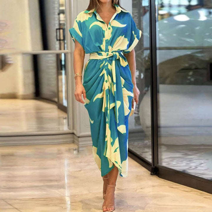 Women’s draped shirt midi dress with waist tie belt, side draping and button placket Mune Fashion