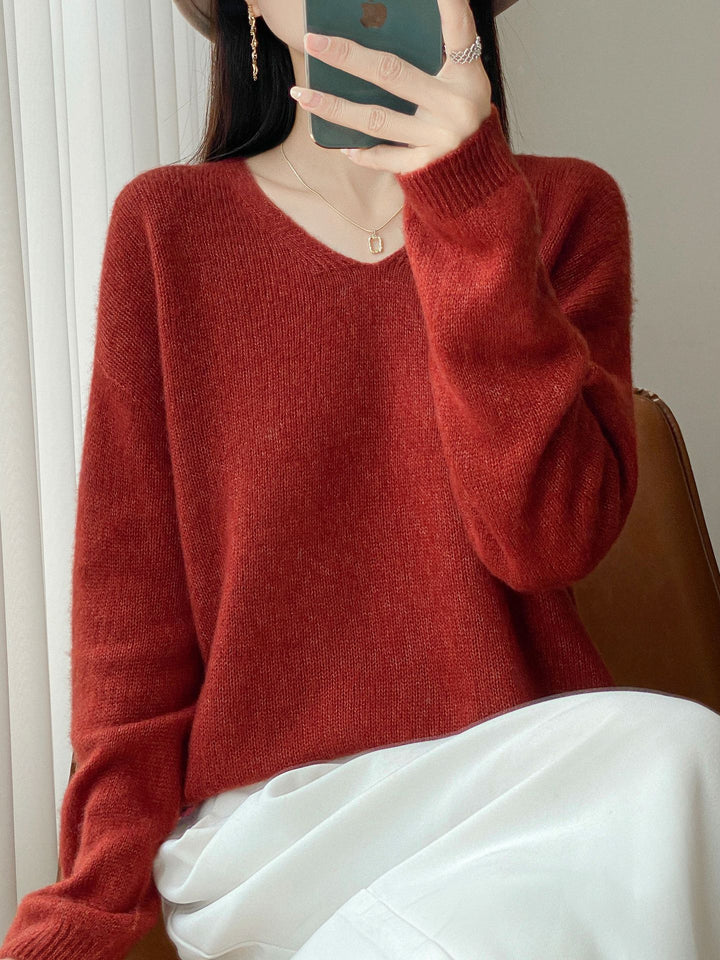 Women's Oversized Fine Knit Sweater with Fine V-Neck and Extended Sleeve Hem Mune Fashion