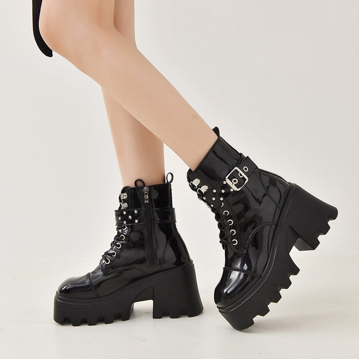 Women’s Platform Combat Boots with Studs and Buckle Straps, High-Cut Lacing and Contoured Wave Sole Mune Fashion
