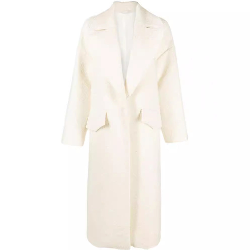 Women's Long Boucle Coat with Boxy Silhouette and Flap Pockets Mune Fashion