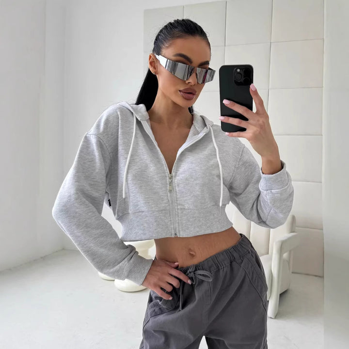 Women's Cropped Hooded Jacket with Short Zipper and Wide Ribbed Cuff Mune Fashion