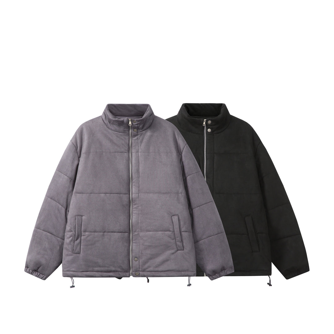 Unisex Boxy quilted jacket in velvet finish with high funnel collar and adjustable hem Mune Fashion