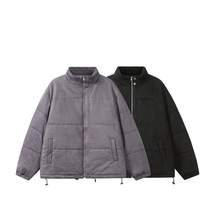 Unisex Boxy quilted jacket in velvet finish with high funnel collar and adjustable hem Mune Fashion