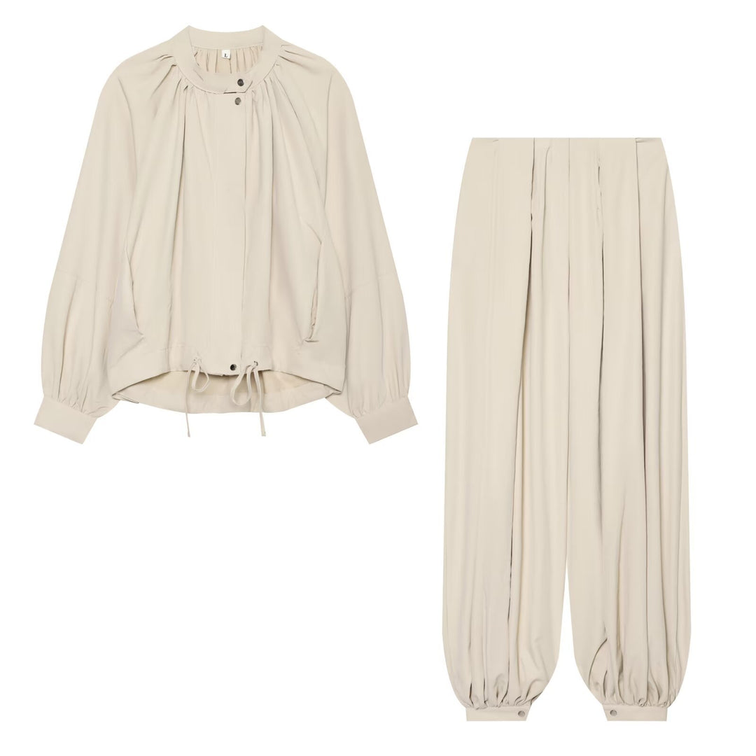Ladies Light Blouson Jacket with Round Neck, Gathered Yoke and Drawstring Mune Fashion
