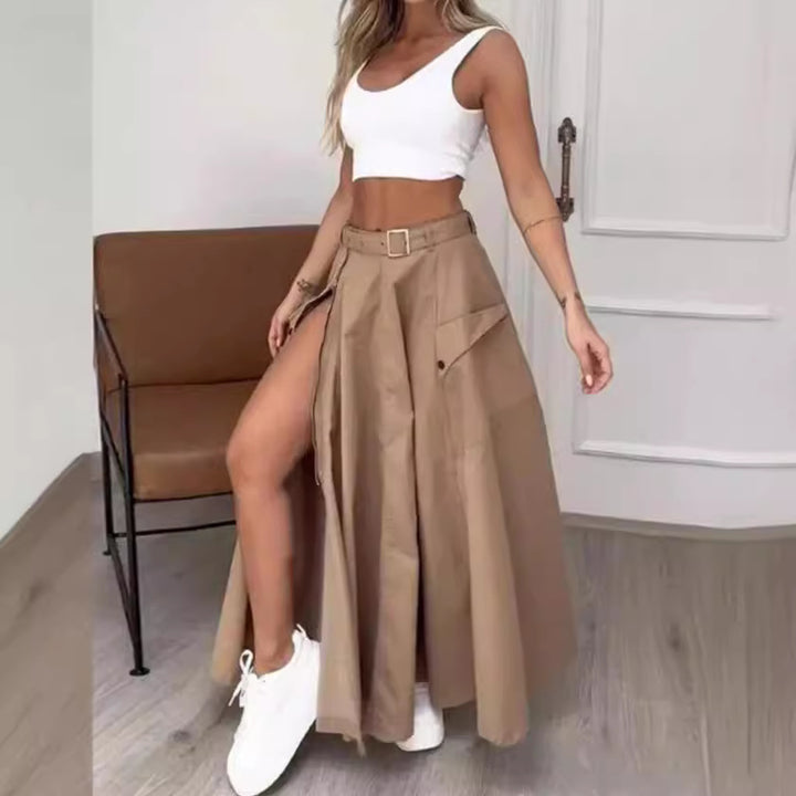 Women's maxi skirt with high slit, cargo pockets and waist belt Mune Fashion