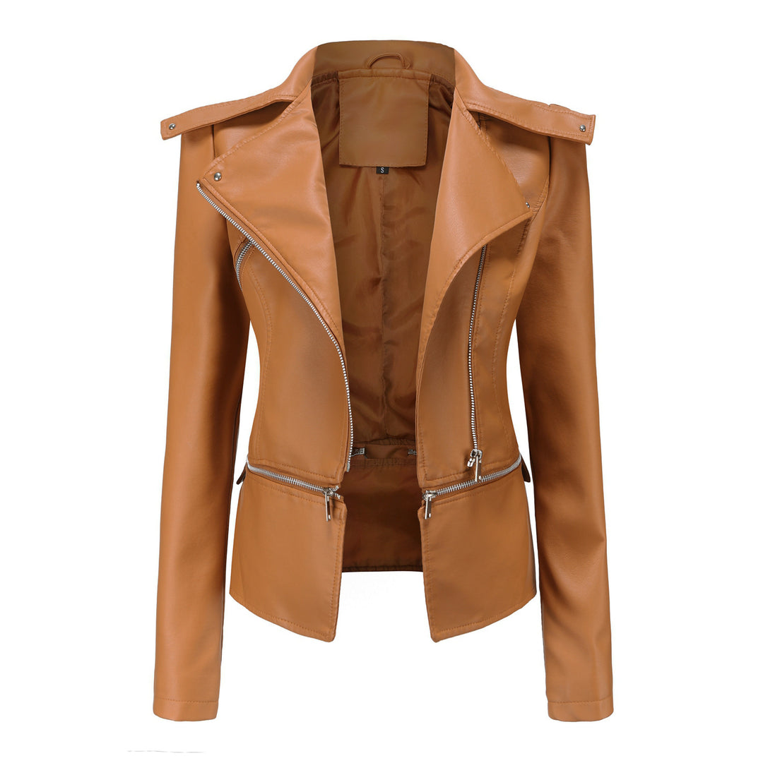 Women's fitted faux leather biker jacket with asymmetric lapel collar Mune Fashion