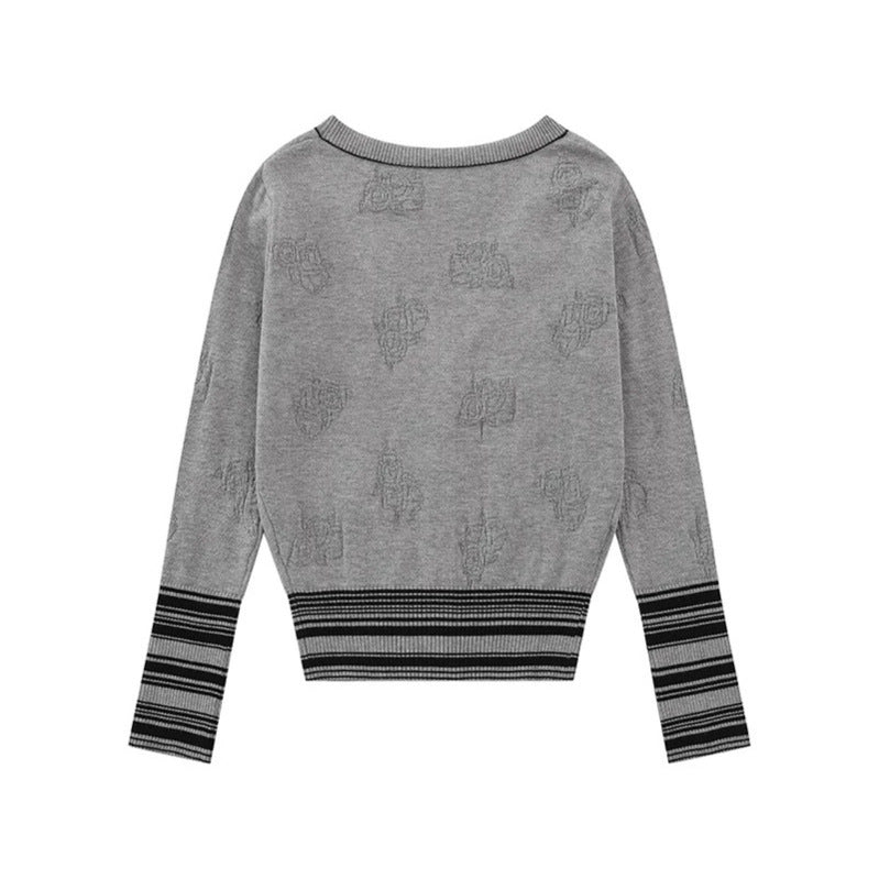 Ladies cardigan with V-neck, fine jacquard pattern and contrasting cuffs Mune Fashion