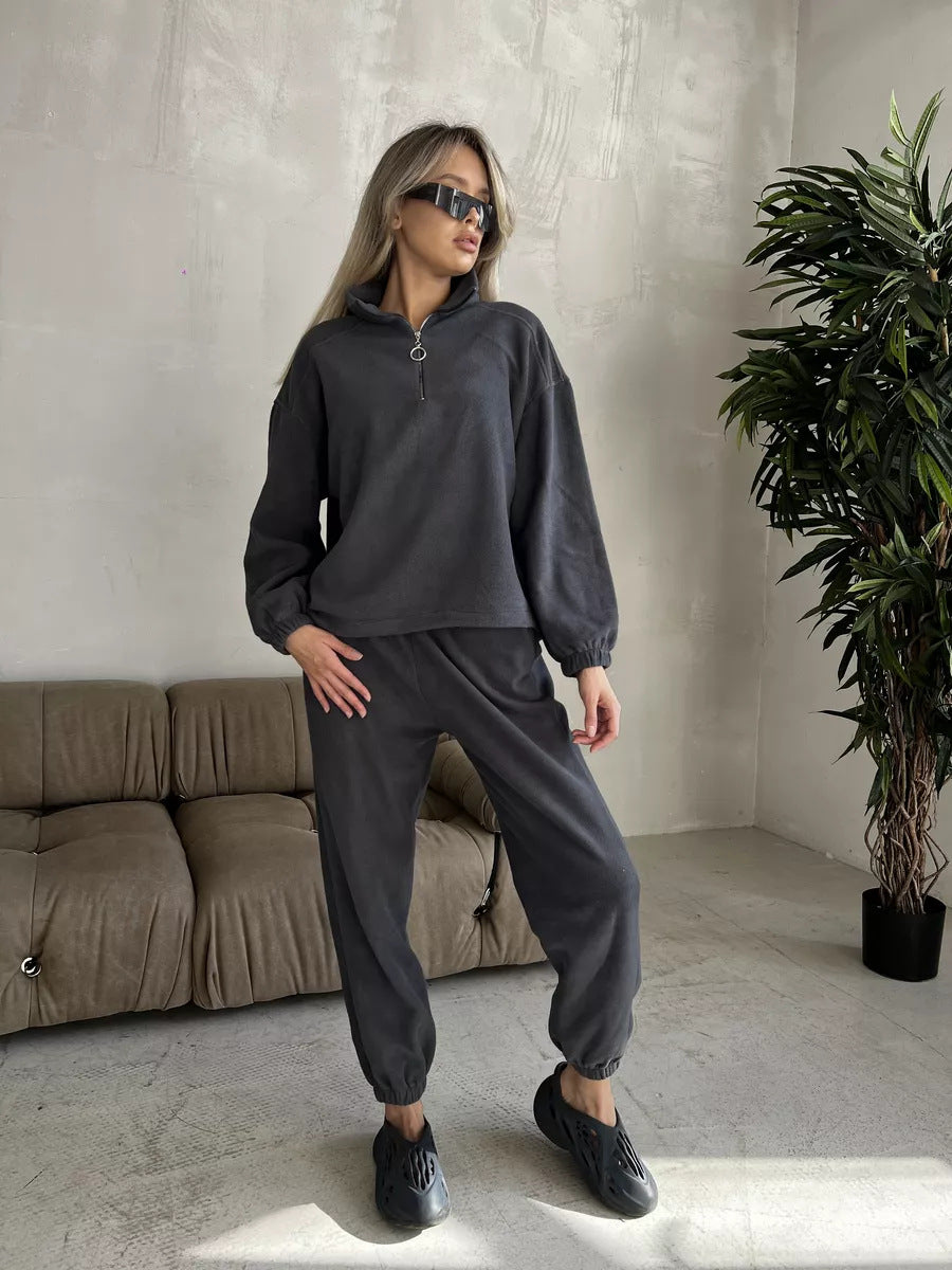 Women's Casual Fleece Jogging Suit Set with Stand Collar and Half-Zip Mune Fashion