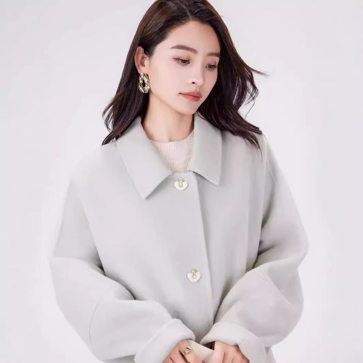 Women's Short Wool Blend Boxy Coat with Decorative Heart Buttons Mune Fashion